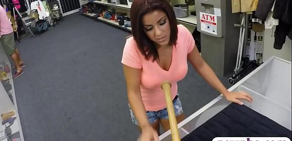  Huge tits woman selling her baseball bat turns to sex